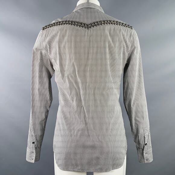 PIERRE BALMAIN Size M Silver Black White Stripe Studded Cotton Long Sleeve Shirt - Picture 4 of 7